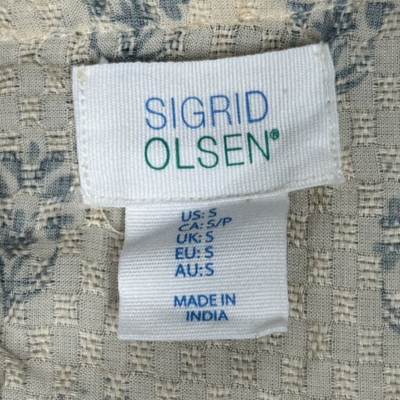 Sigrid Olsen Shirt Womens Small Blue Cream Baroque‎ Print Babydoll Boho Peasant - Picture 7 of 9